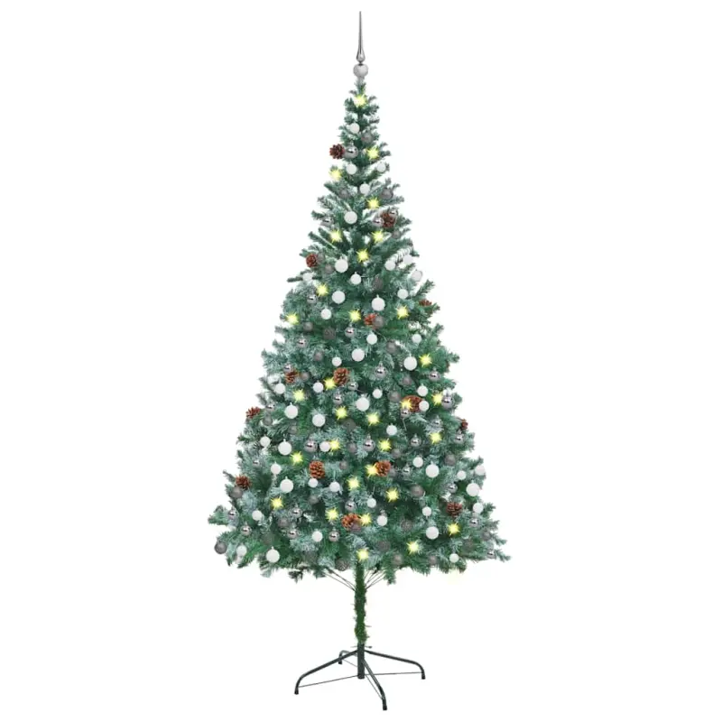 Sztuczna choinka z lampkami, bombkami i szyszkami, 210 cm