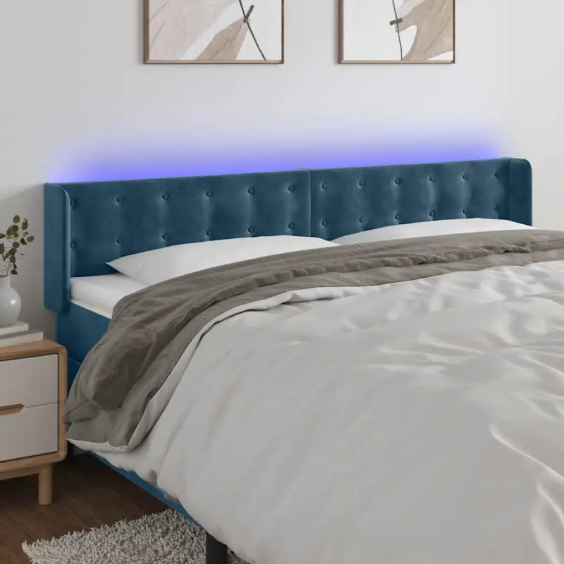 Zagłówek do łóżka z LED ciemnoniebieski 203x16x78/88 cm aksamit