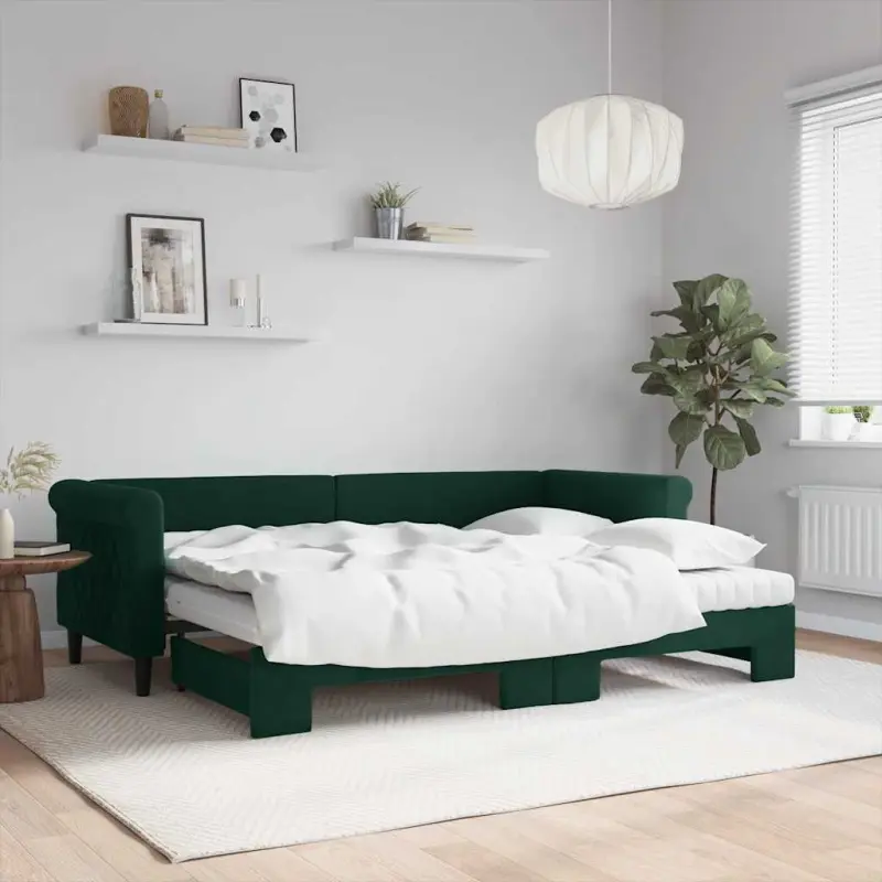 Sofa rozsuwana z materacami, ciemnozielona, 80x200 cm, aksamit
