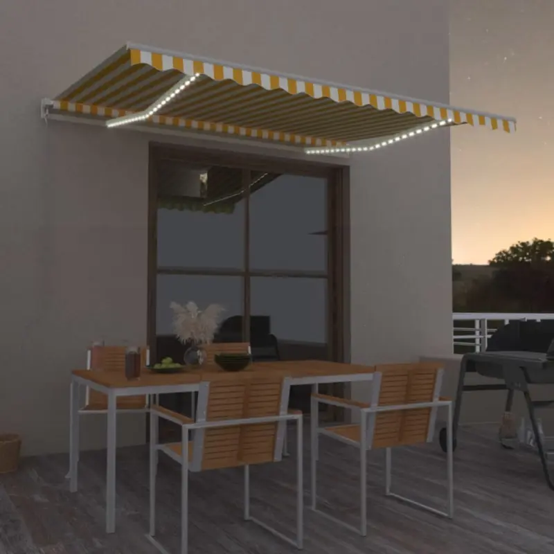 Ręcznie zwijana markiza z LED, 450 x 300 cm, żółto-biała