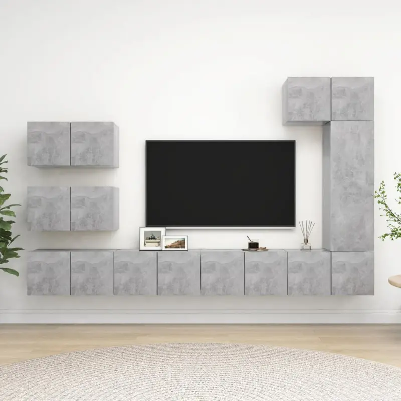 8-cz. zestaw szafek TV, szarość betonu, materiał drewnopochodny