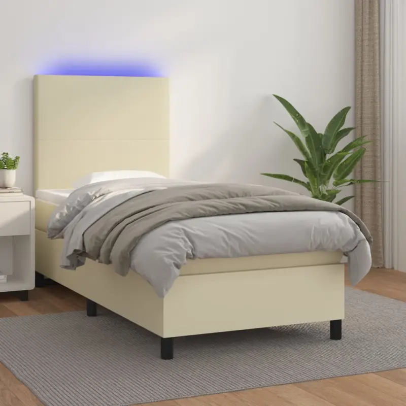 Łóżko kontynentalne z LED, materac, kremowe, ekoskóra 100x200cm