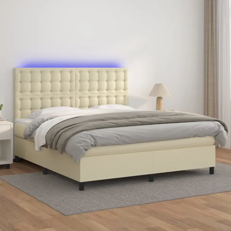 Łóżko kontynentalne z LED, materac, kremowe, ekoskóra 160x200cm