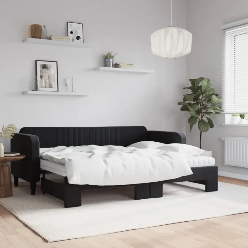 Sofa rozsuwana z materacami, czarna, 80x200 cm, aksamit