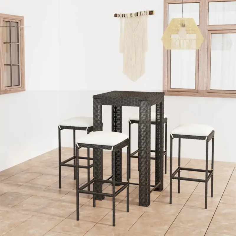 5-cz. zestaw mebli barowych z poduszkami, rattan PE, czarny