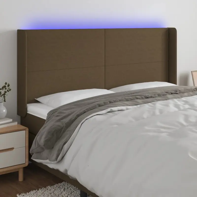Zagłówek do łóżka z LED ciemnobrązowy 163x16x118/128 cm tkanina