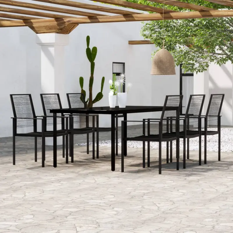 Meble ogrodowe 7-częściowe czarne z rattanem PVC i stalowym stołem
