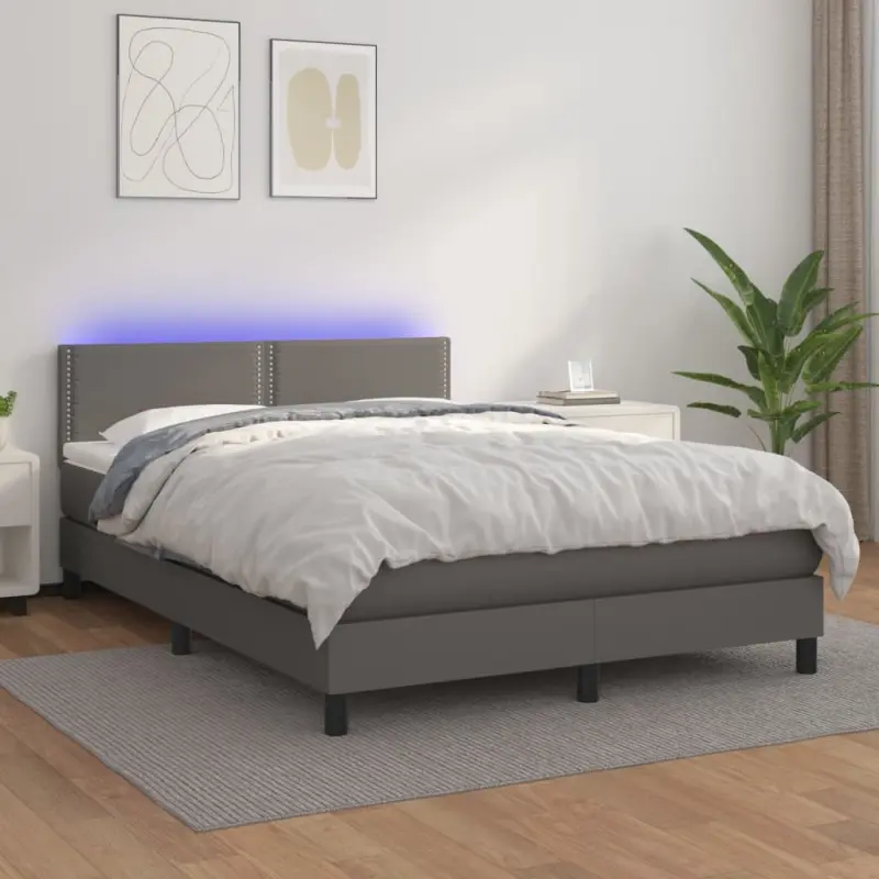 Łóżko kontynentalne z materacem i LED, szara ekoskóra 140x190cm