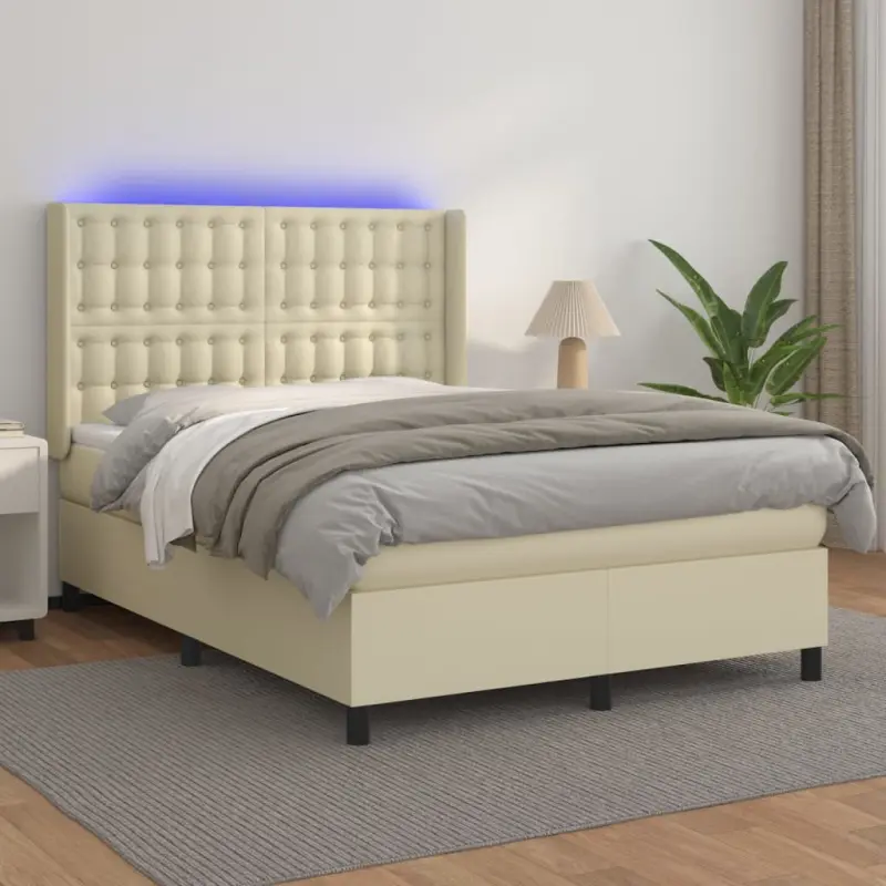 Łóżko kontynentalne z LED, materac, kremowe, ekoskóra 140x190cm