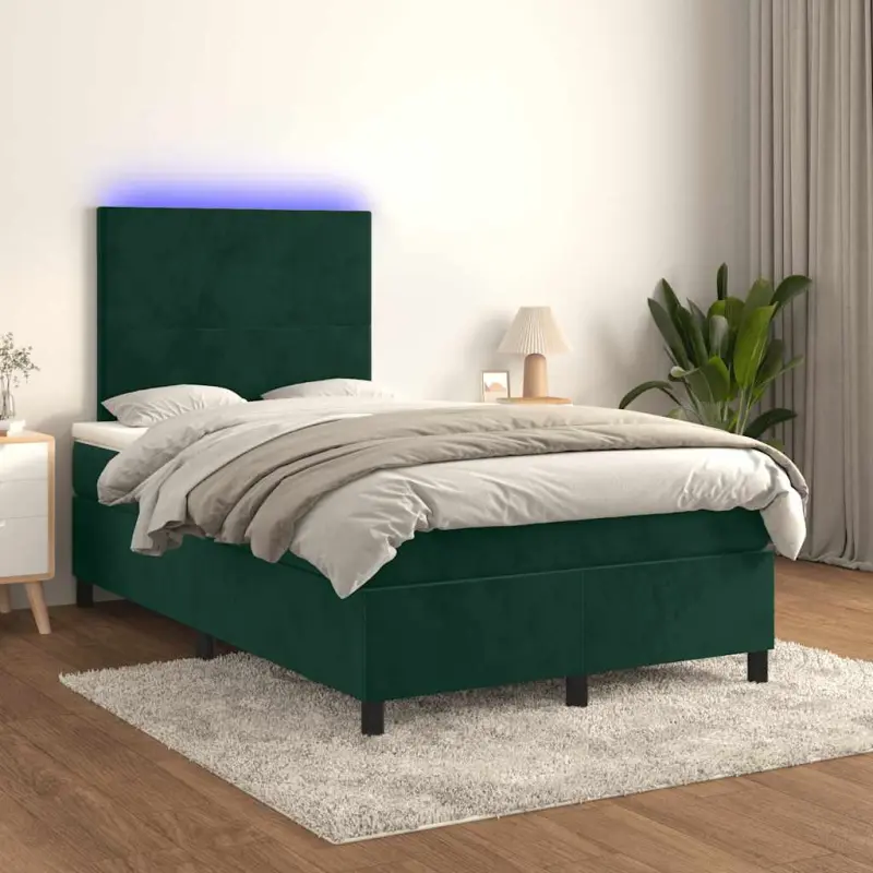 Łóżko kontynentalne z materacem i LED zielony aksamit 120x200cm