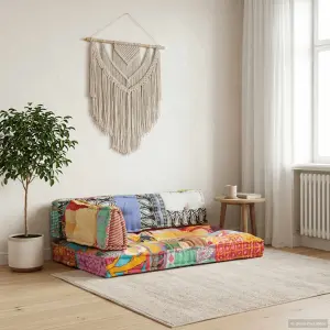 Sofa z poduszek na paletę, tkanina, wielokolorowy patchwork