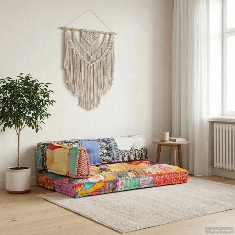 Sofa z poduszek na paletę, tkanina, wielokolorowy patchwork