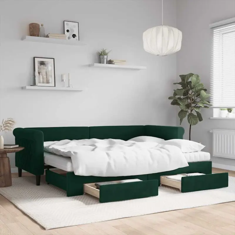 Sofa rozsuwana z szufladami, ciemnozielona, 80x200 cm, aksamit