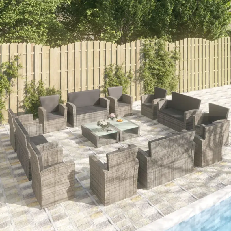Meble ogrodowe 16-cz. zestaw wypoczynkowy z szarym rattanie PE i poduszkami