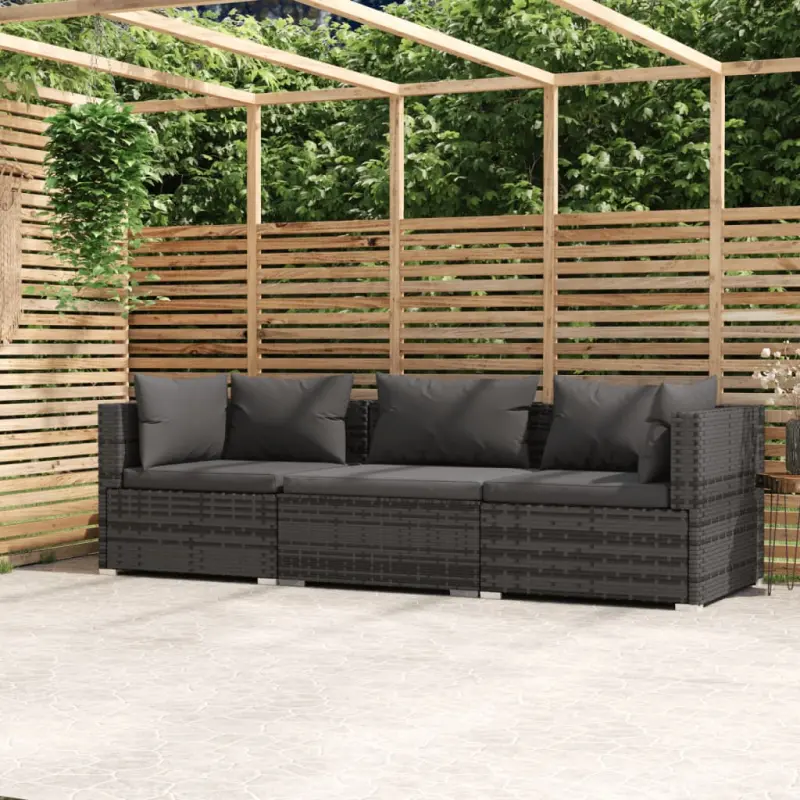 3-osobowa sofa z poduszkami, szara, polirattan
