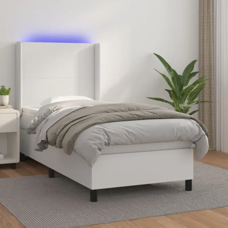 Łóżko kontynentalne z materacem i LED, biała ekoskóra 90x200 cm