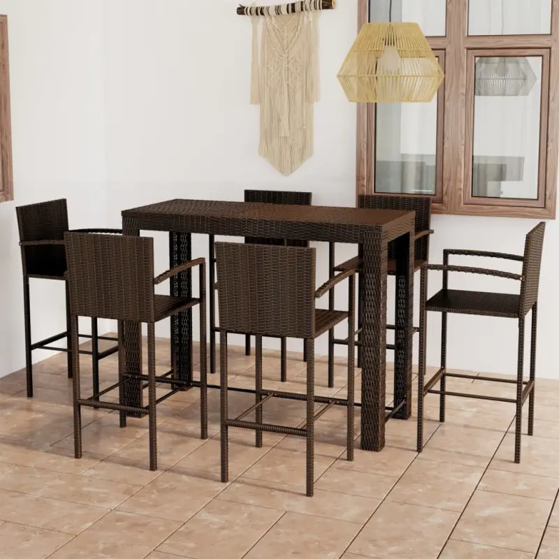 7-cz. zestaw mebli barowych z podłokietnikami, rattan PE, brąz