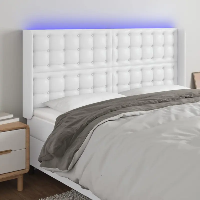 Zagłówek do łóżka z LED, biały, 183x16x118/128cm sztuczna skóra