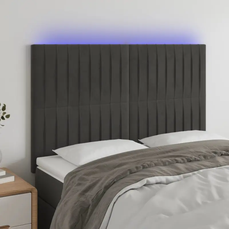Zagłówek do łóżka z LED, ciemnoszary, 144x5x118/128 cm, aksamit