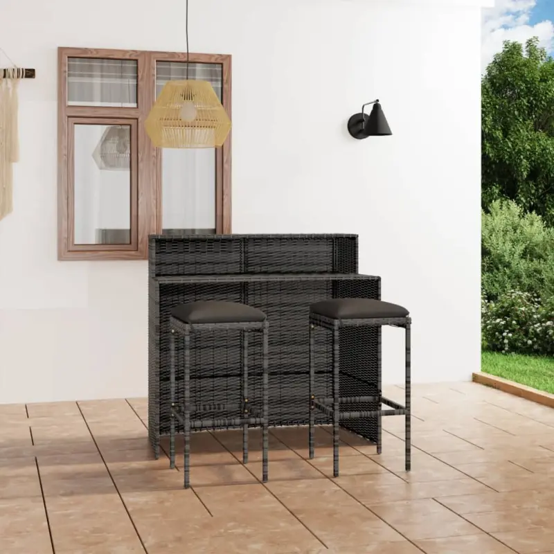 Meble ogrodowe 3-częściowy zestaw barowy z poduszkami szary rattan PE