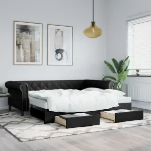 Sofa rozsuwana z szufladami, czarna, 90x200 cm, sztuczna skóra