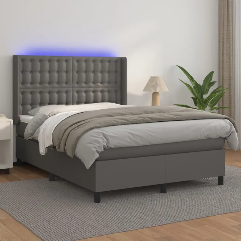Łóżko kontynentalne z materacem i LED, szara ekoskóra 140x190cm