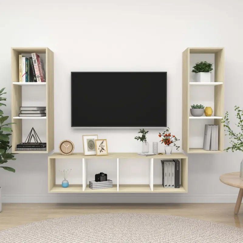 3-cz. zestaw szafek TV, biel i dąb sonoma