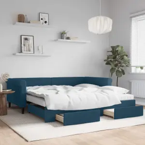 Sofa rozsuwana z szufladami, niebieska, 100x200 cm, aksamit