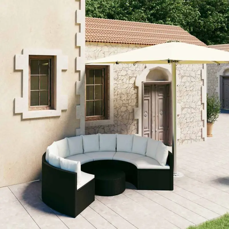Meble ogrodowe sofa 7-częściowa z rattan PE czarna z kremowymi poduszkami