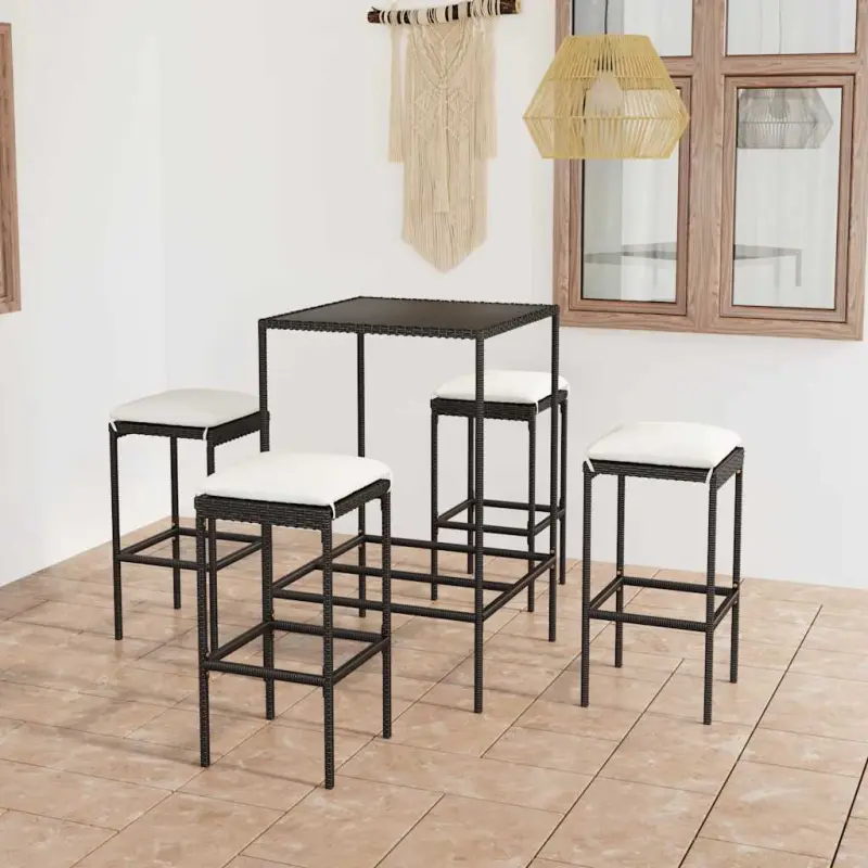 5-cz. zestaw barowy do ogrodu, z poduszkami, rattan PE, czarny