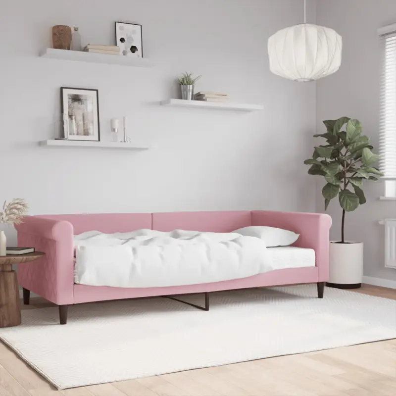 Sofa z materacem do spania, różowa, 90x200 cm, aksamit
