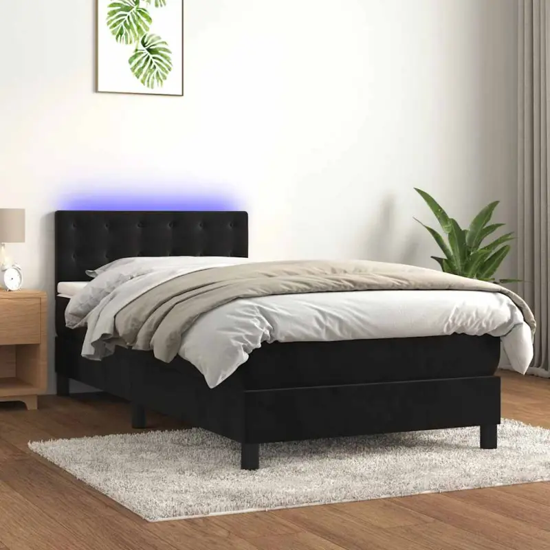 Łóżko kontynentalne z materacem i LED, czarny aksamit 90x200 cm