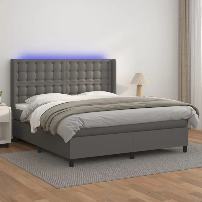 Łóżko kontynentalne z materacem i LED, szara ekoskóra 180x200cm