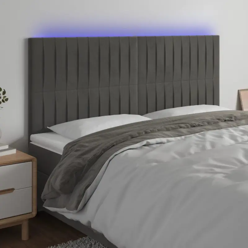 Zagłówek do łóżka z LED, ciemnoszary, 160x5x118/128 cm, aksamit