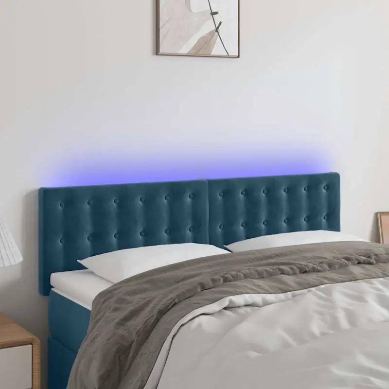 Zagłówek do łóżka z LED, ciemnoniebieski 144x5x78/88cm, aksamit