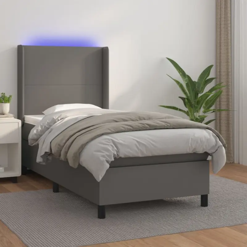 Łóżko kontynentalne z materacem i LED, szara ekoskóra 80x200 cm
