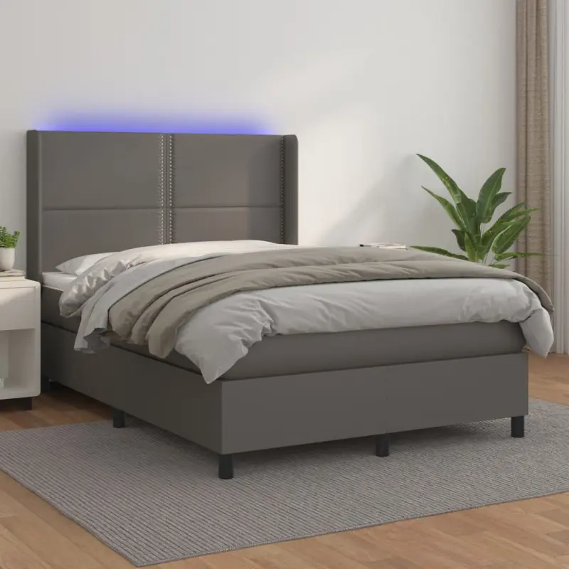 Łóżko kontynentalne z materacem i LED, szara ekoskóra 140x190cm