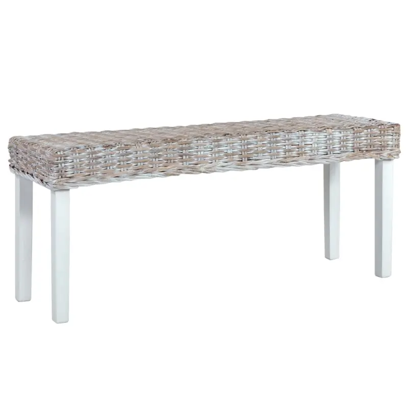 Ławka, 110 cm, biała, rattan kubu i lite drewno mahoniowe