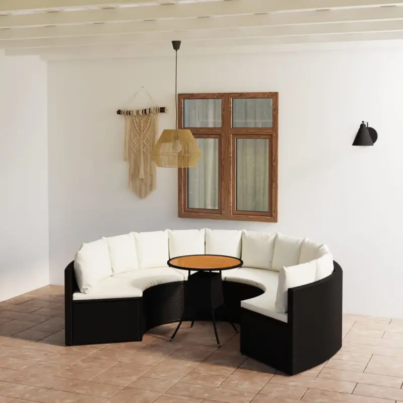 Meble ogrodowe sofa 7-cz. z rattan PE czarna z kremowymi poduszkami