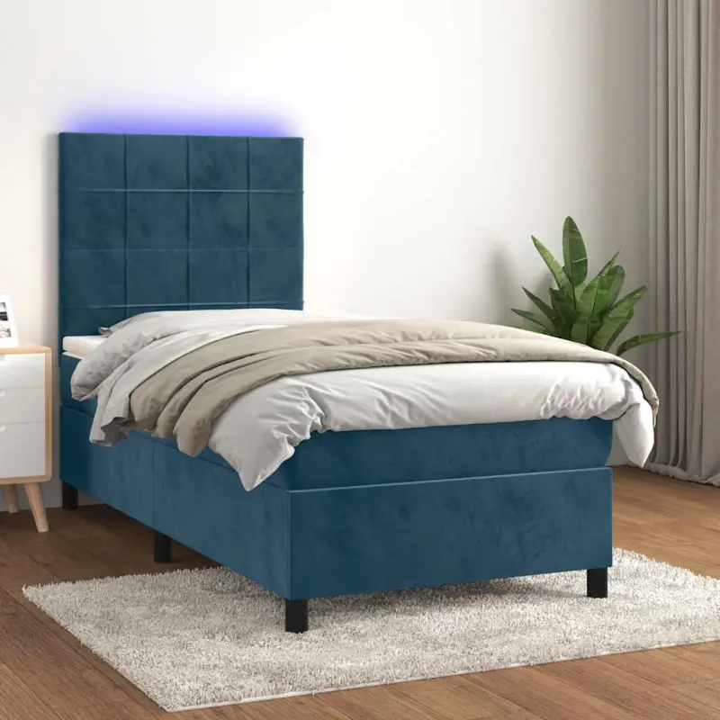 Łóżko kontynentalne, materac i LED, niebieski aksamit 90x190 cm
