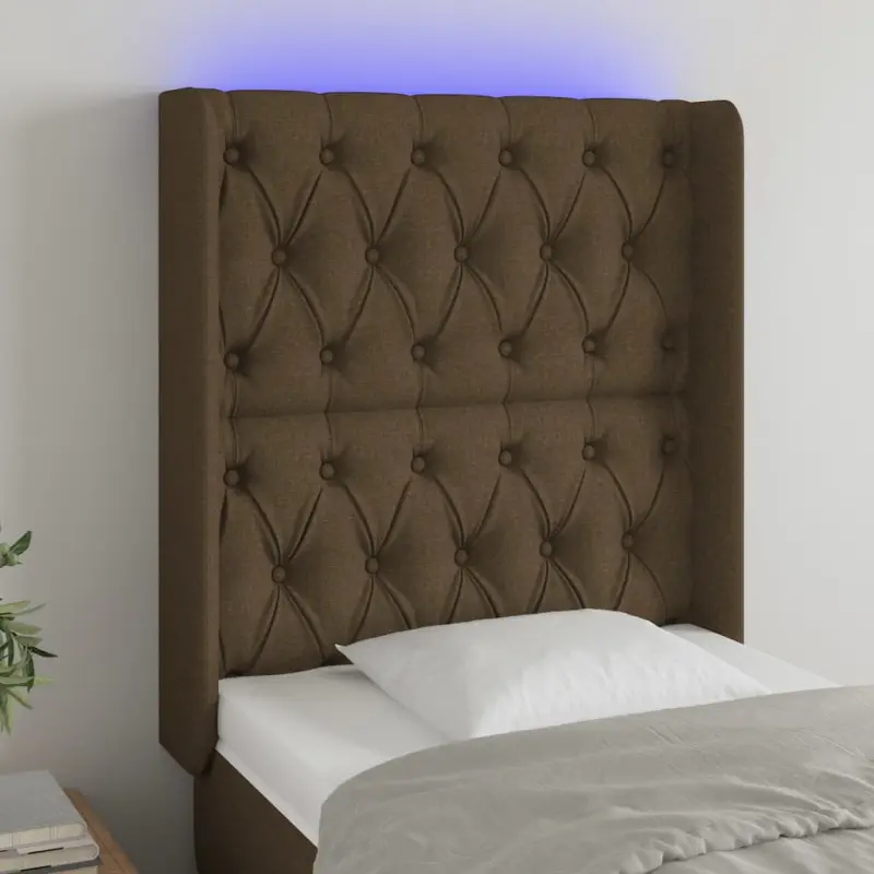 Zagłówek do łóżka z LED ciemnobrązowy, 83x16x118/128 cm tkanina