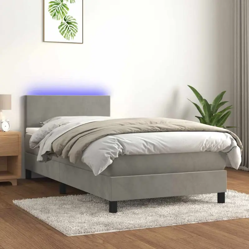 Łóżko kontynentalne z materacem i LED, szare 80x200 cm, aksamit