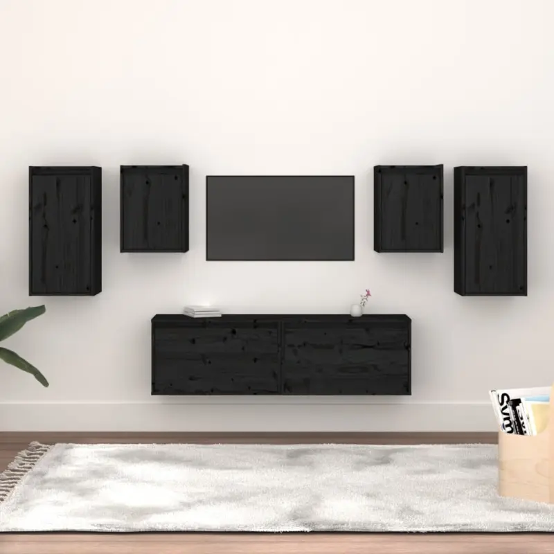 Szafki pod TV, 6 szt., czarne, lite drewno sosnowe