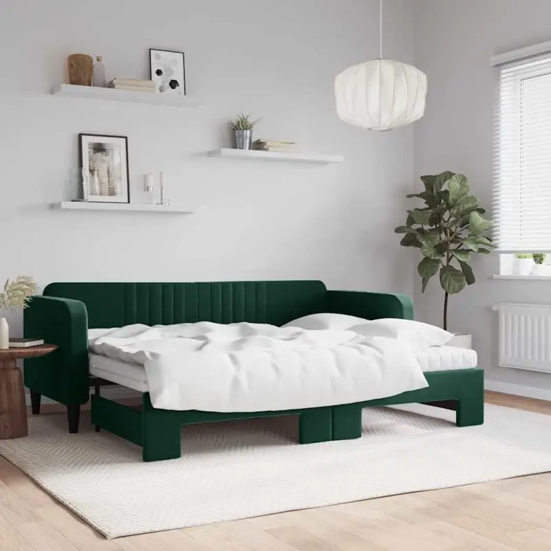 Sofa rozsuwana z materacami, ciemnozielona, 80x200 cm, aksamit
