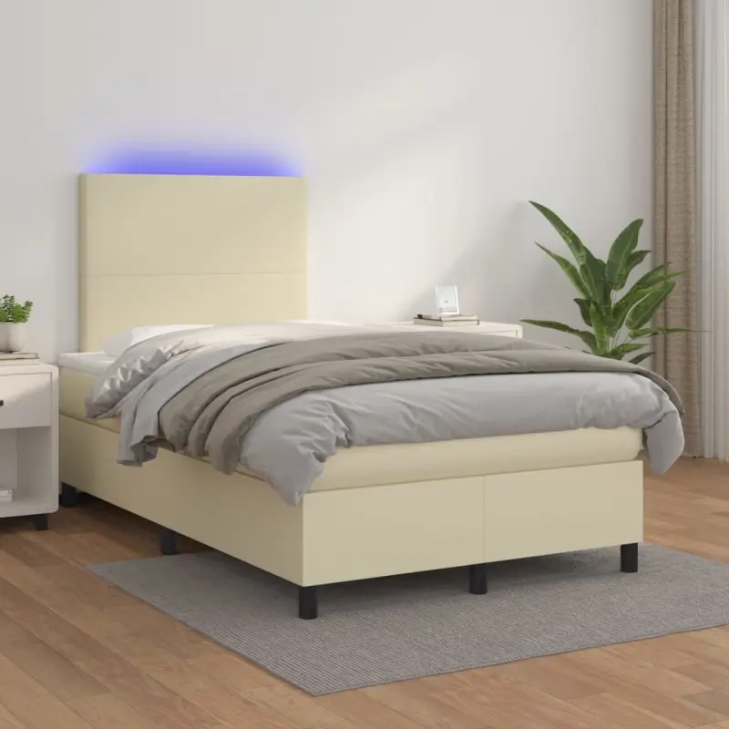 Łóżko kontynentalne z LED, materac, kremowe, ekoskóra 120x200cm