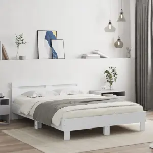 Rama łóżka z wezgłowiem i LED, biała, 140x200 cm