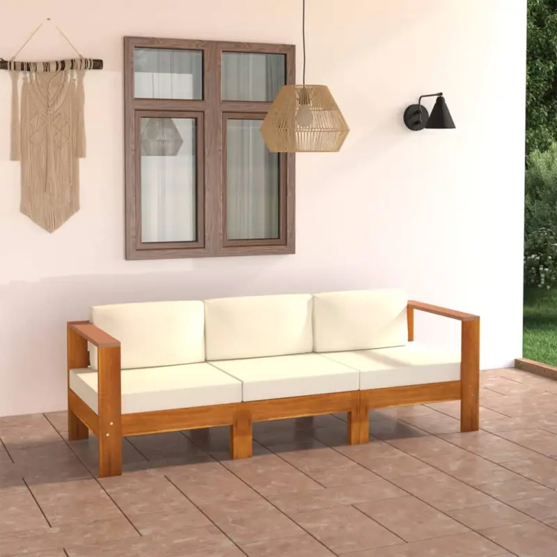 3-osobowa sofa ogrodowa z kremowymi poduszkami, drewno akacjowe