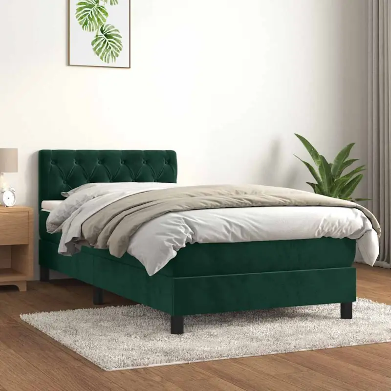 Łóżko kontynentalne z materacem, zielone, aksamit, 90x200 cm