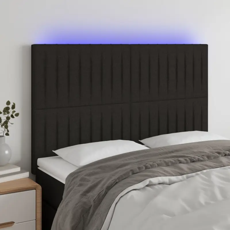 Zagłówek do łóżka z LED, czarny, 144x5x118/128 cm, tkanina