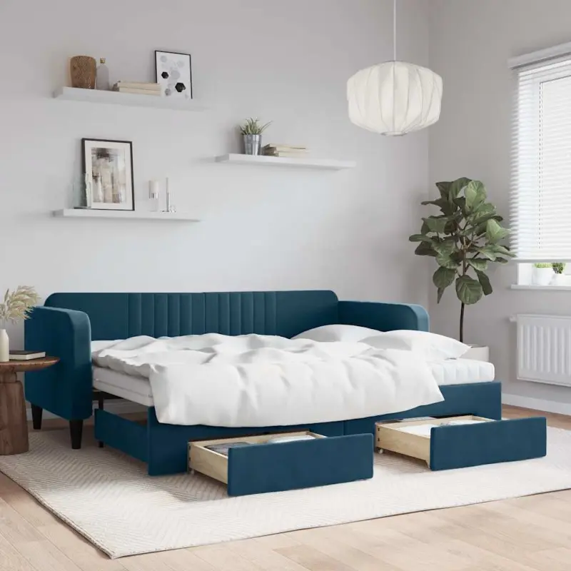 Sofa rozsuwana z szufladami, niebieska, 80x200 cm, aksamit